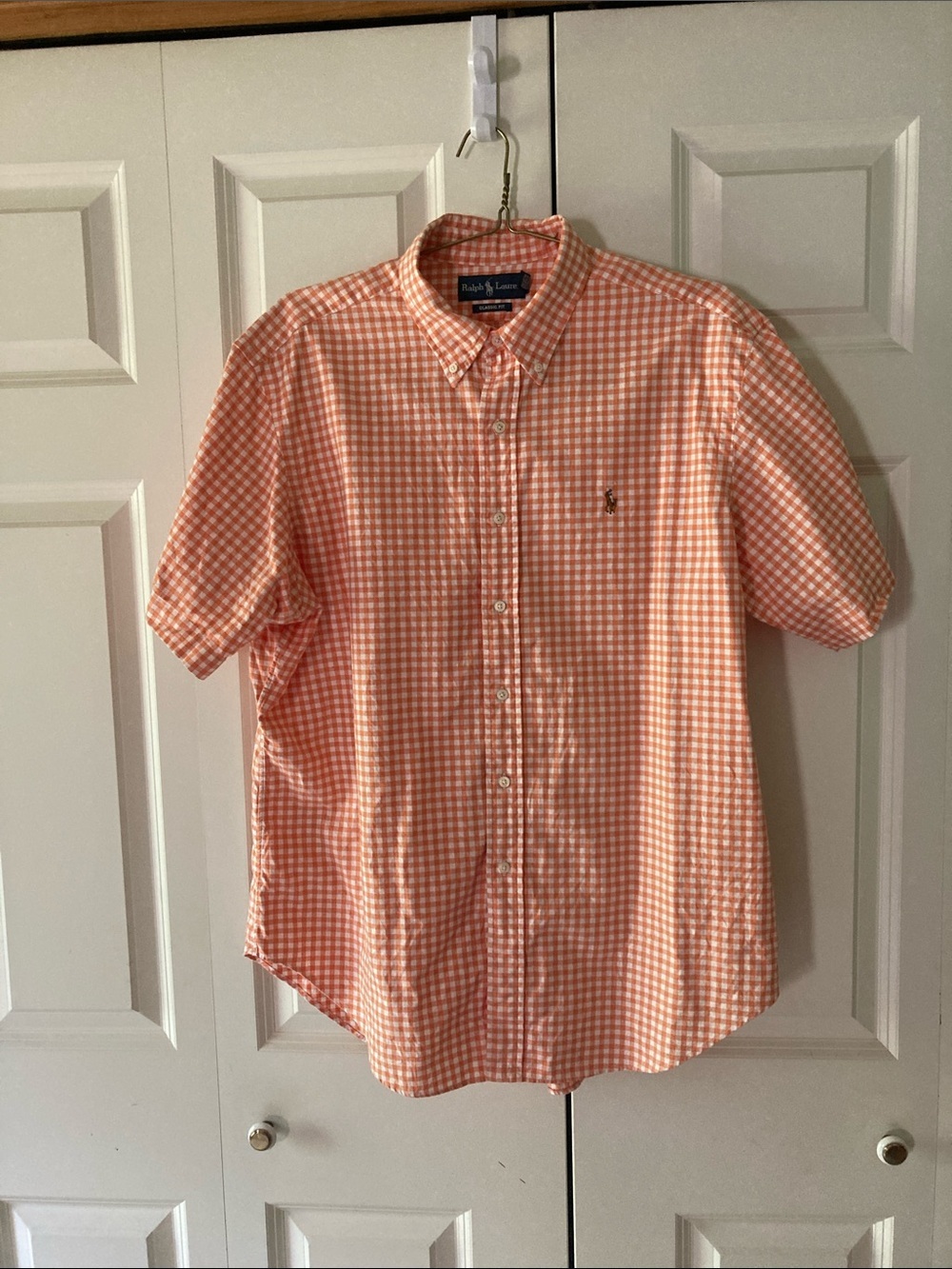Ralph Lauren classic fit short sleeve button down shirt orange & white check Xl